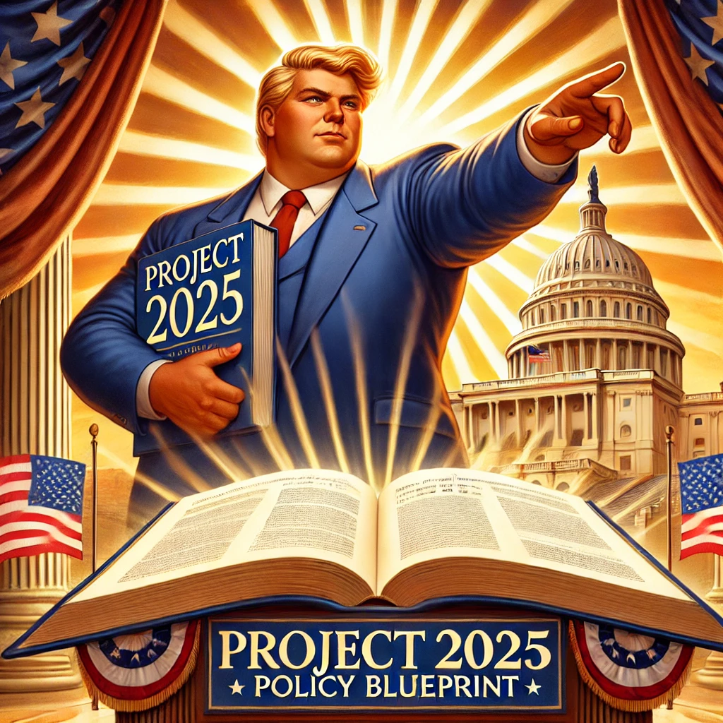 Symbolic illustration of Project 2025 showing a heavyset man with light orange skin and hair pointing toward the U.S. Capitol, with a glowing book titled Project 2025 Policy Blueprint and American flags waving in the sunrise.
